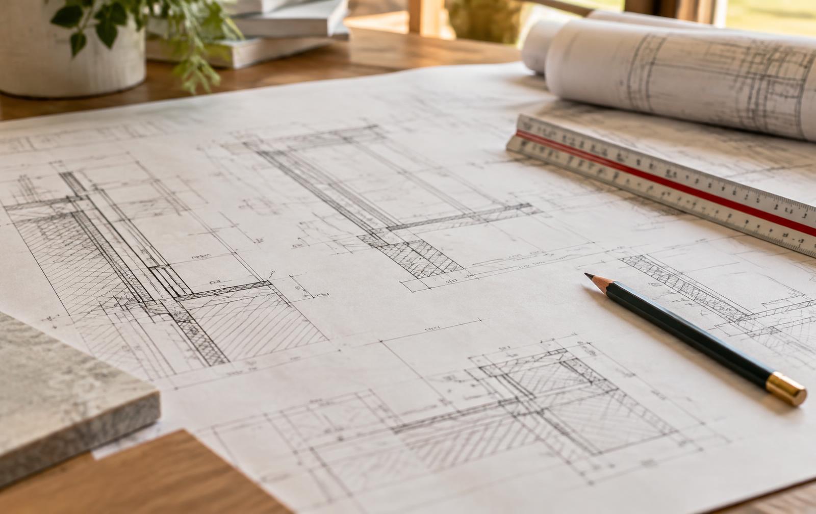Detailed construction drawings laid out on a desk with a scale rule