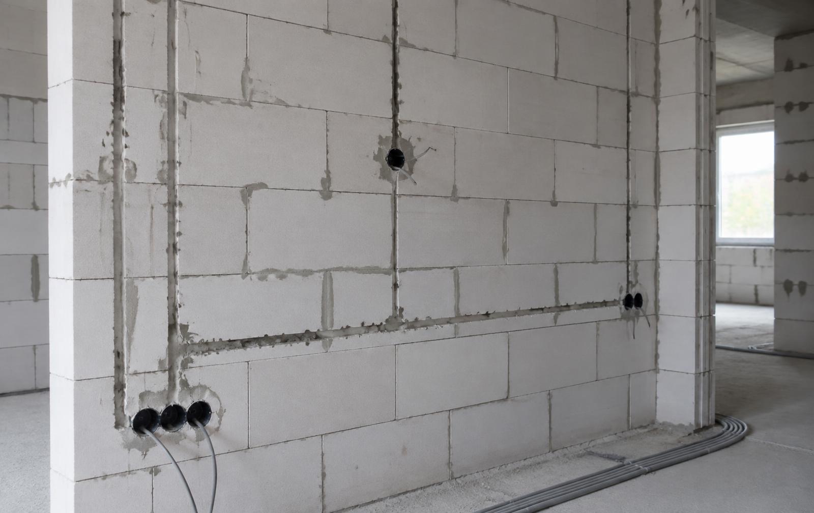 Lightweight aerated concrete block wall with conduit chased for concealed services